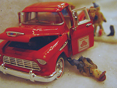 dummy old red truck in accident