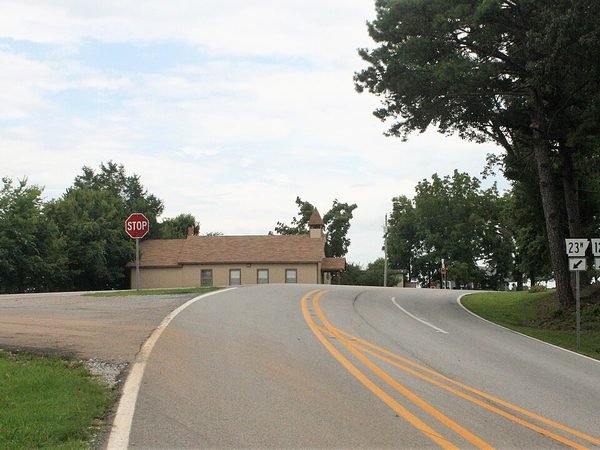 Curving highway through wooded hills in Arkansas