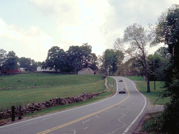 Country road with stone walls on Route 169, Connecticut