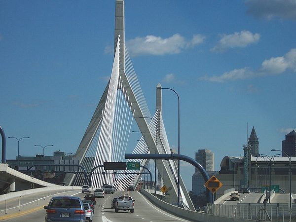 Traffic crossing the Zakim Bridge in Boston, Massachusetts