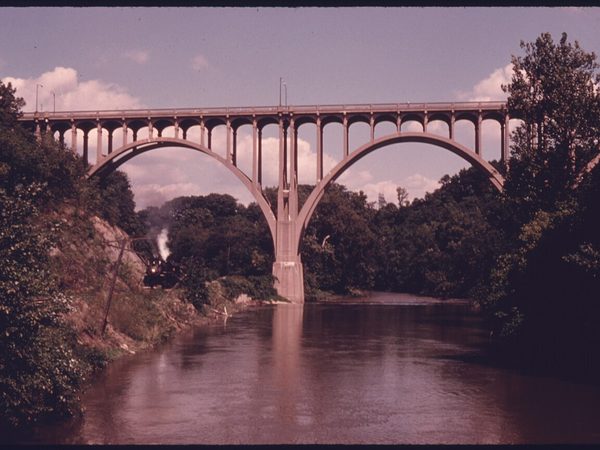 Arched Ohio highway bridge over the Cuyahoga River near Cleveland
